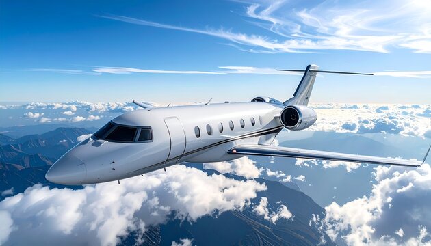 Sleek, white private jet soars above mountain ranges under a bright blue sky