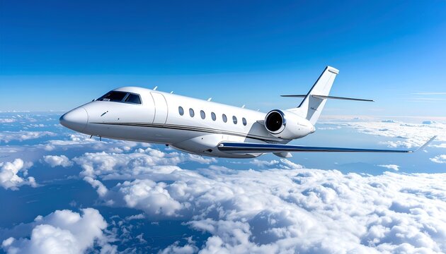 Gleaming white private jet soars above fluffy clouds under bright, blue skies