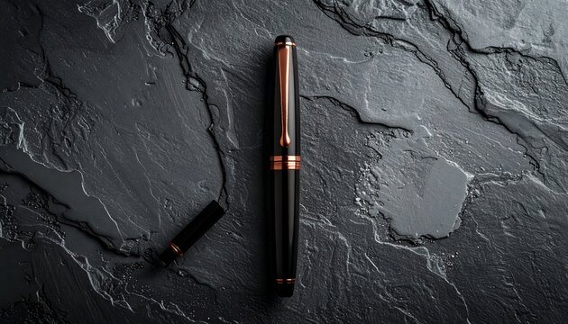 Black fountain pen, cap off, on textured stone surface, elegant composition