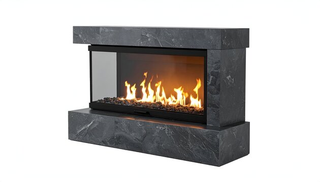 Modern fireplace with dark stone surround and flickering orange flames visible