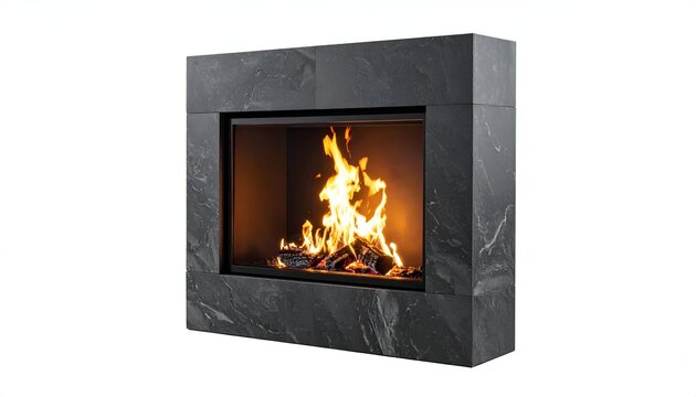 Modern stone fireplace with vibrant flames behind glass, on white