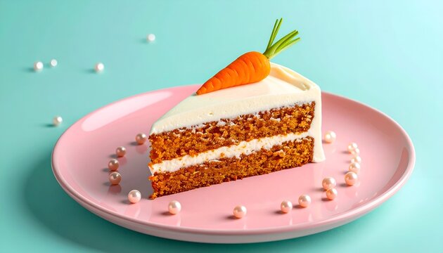 Carrot cake slice with cream cheese frosting and carrot garnish on pink plate