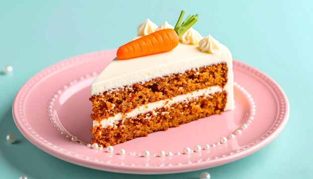 Carrot cake slice with icing, carrot decoration, on a pink plate