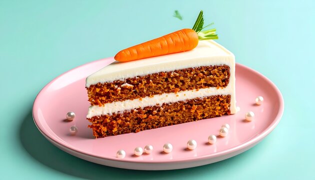 Carrot cake slice, cream cheese frosting, candy carrot, pearl decoration
