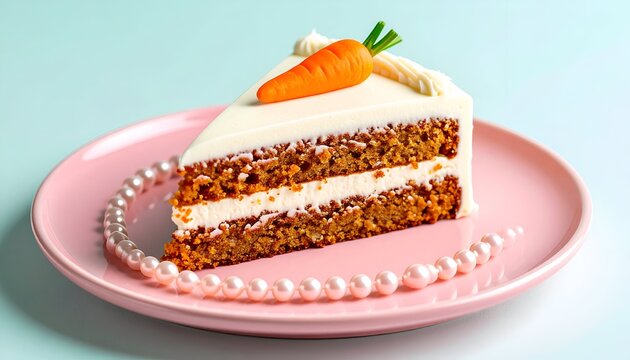 Carrot cake slice with cream cheese frosting and toy carrot on pink plate
