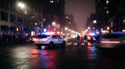 Naklejka premium Blurred background showing police lights at crime scene concept. Night view of a busy city street with police lights flashing.