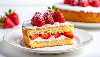 Strawberry shortcake slice, whole cake behind. Powdered sugar topping
