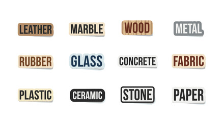 Twelve common material texture icons with text labels