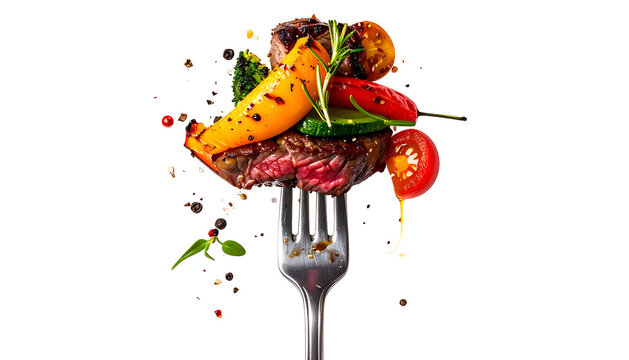 A juicy, seared steak impaled on a fork, garnished with vibrant grilled vegetables
