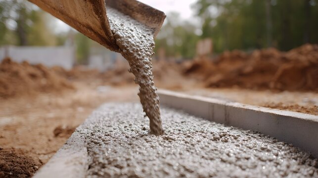 Fresh concrete being poured from a chute into a formwork on a construction site