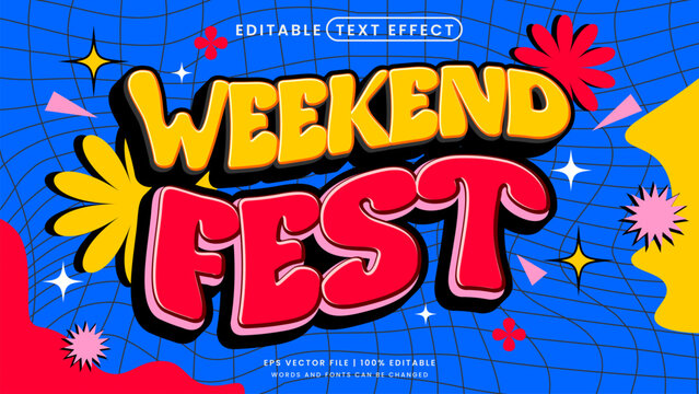 Weekend fest text effect. Retro groovy and vintage editable text effect template