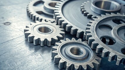 Close-up of Various Metal Gears on Industrial Surface Background
