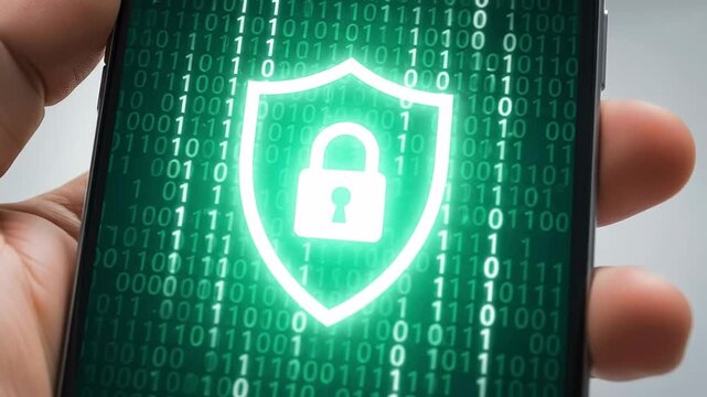 This close-up shot captures a hand holding a smartphone, where a glowing green shield icon and binary code are protecting crucial digital data.