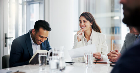 Fototapeta premium Laughing, team and meeting with paperwork, boardroom and risk management with colleagues and report. Investment banker, happy and people with document for performance review, collaboration or success