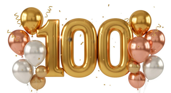 Golden 3D Number 100 with Metallic Balloons and Confetti Celebration isolated PNG with Transparent Background