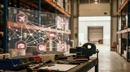 Fototapeta premium logistics supply chain smart warehouse technology industrial distribution automation system with a digital interface on an industrial workbench for efficient global trade.