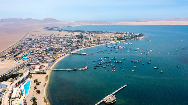Spectacular aerial view of Paracas Bay and coastline with turquoise waters, Ica, Peru