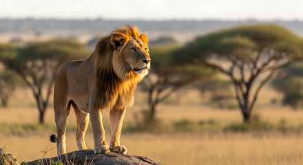 Majestic lion standing on a rock in the savannah.
