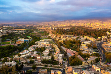 Fototapeta premium Aerial view of the historic center of Arequipa at sunset with the Cathedral and Misti Volcano, Peru