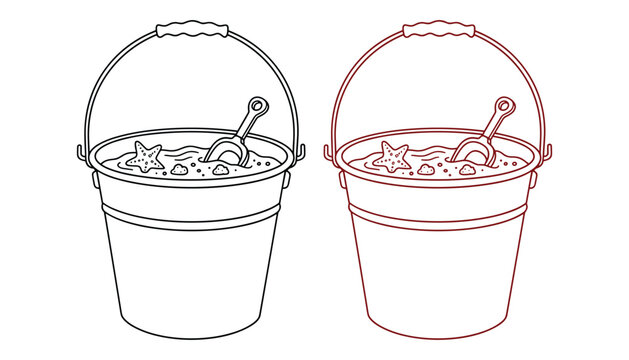 Outline sand bucket toys for children summer fun with shovel and starfish line art icon set