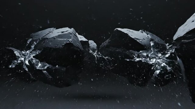 Seamless loop of dark metallic fractured geometric shapes pulsating and glitching in the deep shadows representing broken confidence broken, motion, failure