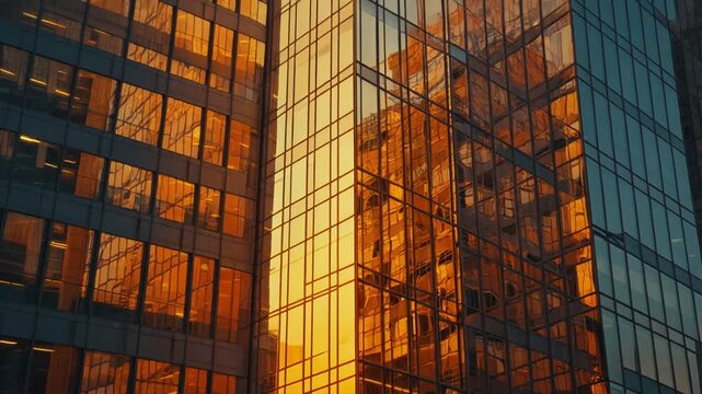 Modern office building with reflective glass windows at sunset