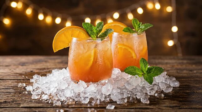 Refreshing citrus and mint cocktails served on ice with orange garnish and warm bokeh lights, cocktail, drink.