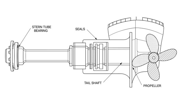 Ship propeller shaft vector outline drawing marine propulsion stern tube bearing seals tail shaft