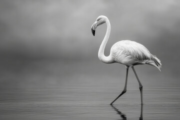 Obraz premium A flamingo wades through shallow water with its long neck bent and legs reflected in the calm surface