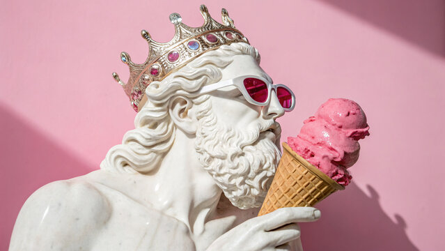 Sculpture of a king holding ice cream cone with pink background and sunglasses during bright daylight