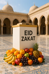 Eid Zakat donation box with fresh fruits in a mosque courtyard.
