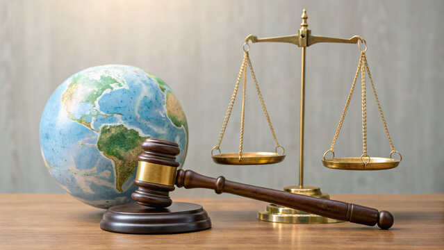 Justice and global order symbolize law and governance in a setting with a globe and gavel placed on a wooden table