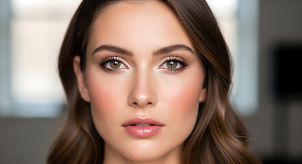 Beautiful young woman with natural makeup and long brown hair.