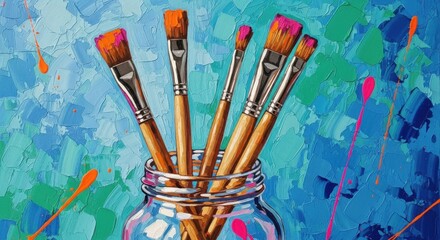 Fototapeta premium Vibrant paintbrushes in a jar against colorful abstract background