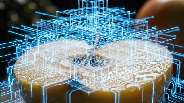 Seamless loop of digital architectural schematics and glowing blue lines animating and constructing a framework directly over a fresh sliced golden apple surface seamless loop, construction, metadata