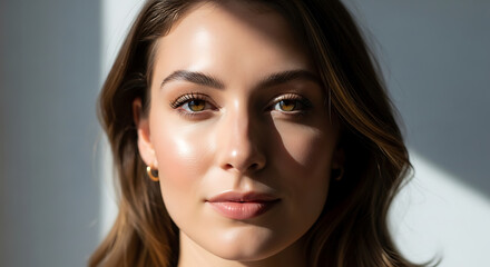 Close-up portrait of a young woman with natural makeup and long brown hair.