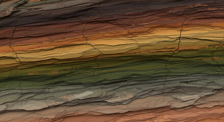 Multicolored layered rock formation with earthy tones and natural texture.