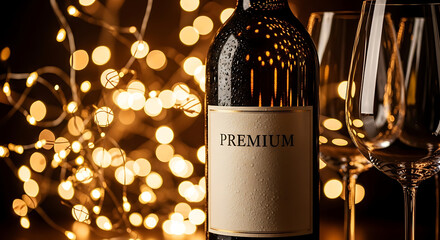 Premium wine bottle with wine glasses on festive bokeh background.
