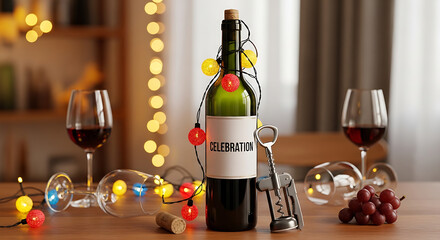 Bottle of red wine with glasses and festive string lights on a wooden table.
