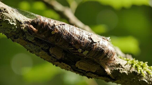 Camouflaged twig-like insect resting on a tree branch showcasing natural camouflage in daylight.
