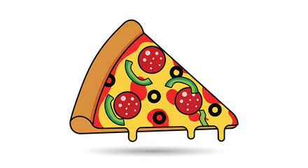 A cartoon slice of pizza with cheese and various toppings.