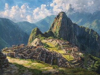 Ancient Inca ruins at Machu Picchu surrounded by majestic mountains