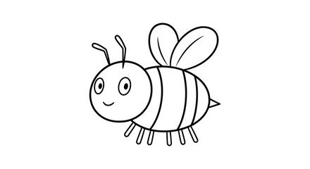 Simple black and white line drawing of a cartoon bee with a smiling face.