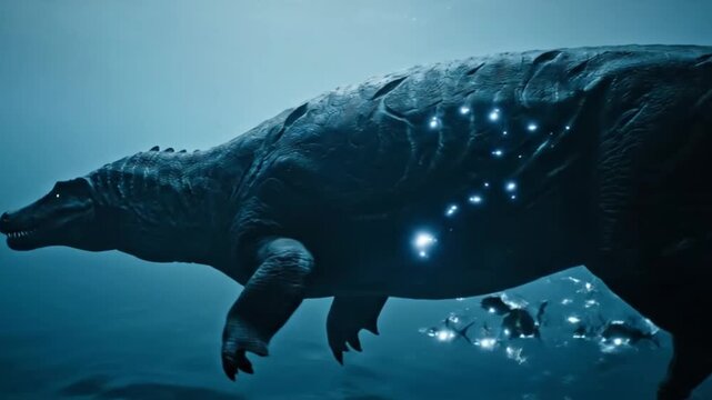 A massive, dark blue marine reptile swims slowly in the mysterious ocean abyss, captured in a cinematic 3d render, highlighted by glowing bioluminescent spots.