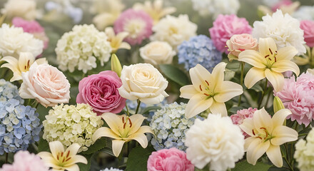 Vibrant bouquet of pastel colored flowers including roses and lilies.