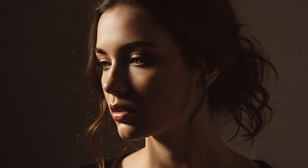 Mysterious young woman with dark hair and subtle expression.