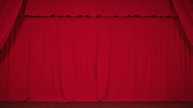 A closed red velvet stage curtain with a wooden floor visible at the bottom, ready for a performance.