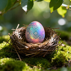Obraz premium Colorful Easter egg resting in a nest among green moss outdoors 