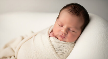Serene newborn baby sleeping peacefully wrapped in blanket.