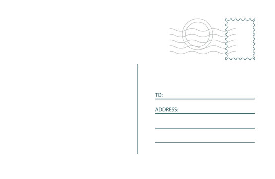 Empty back of a postcard with postage stamps for travel. Vector vintage template design
